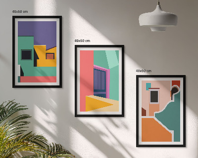 Triptykon billeder med ramme Farverige illustrationer af byen