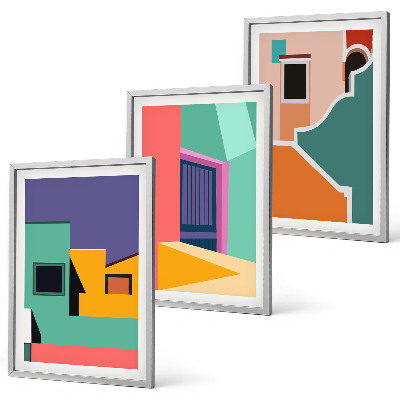 Triptykon billeder med ramme Farverige illustrationer af byen