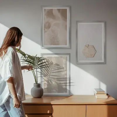Billedsæt til soveværelset med subtile boho-teksturer i naturfarver
