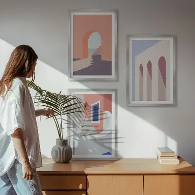 Triptykon med arkitektoniske illustrationer minimalistiske billeder med ramme