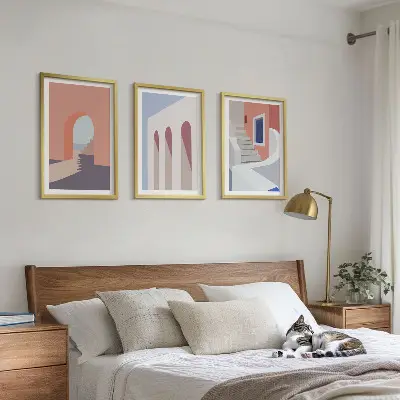 Triptykon med arkitektoniske illustrationer minimalistiske billeder med ramme