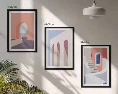 Triptykon med arkitektoniske illustrationer minimalistiske billeder med ramme