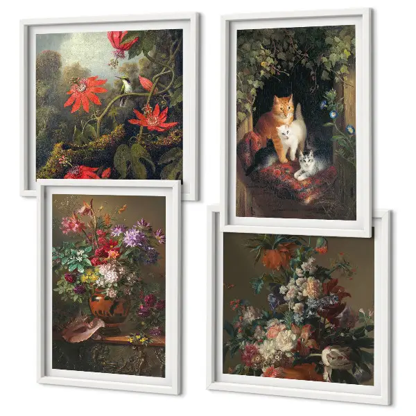 Billedsæt med ramme vintage design med blomster, katte og planter