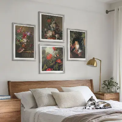 Billedsæt med ramme vintage design med blomster, katte og planter