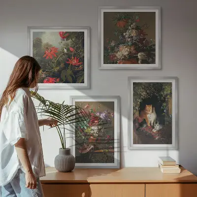 Billedsæt med ramme vintage design med blomster, katte og planter