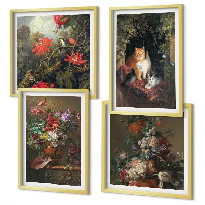 Billedsæt med ramme vintage design med blomster, katte og planter