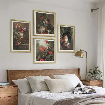 Billedsæt med ramme vintage design med blomster, katte og planter