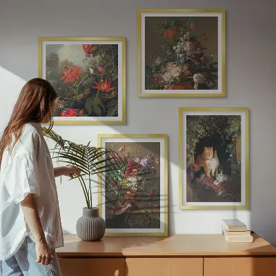 Billedsæt med ramme vintage design med blomster, katte og planter