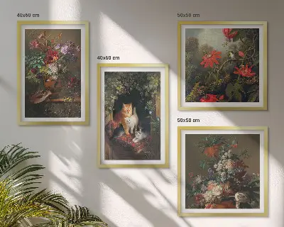 Billedsæt med ramme vintage design med blomster, katte og planter