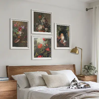 Billedsæt med ramme vintage design med blomster, katte og planter