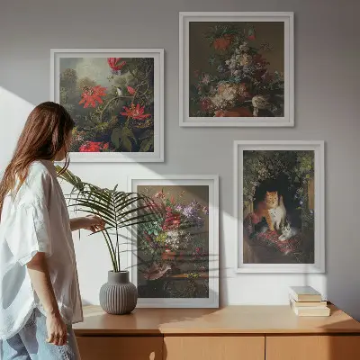 Billedsæt med ramme vintage design med blomster, katte og planter
