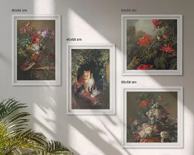 Billedsæt med ramme vintage design med blomster, katte og planter