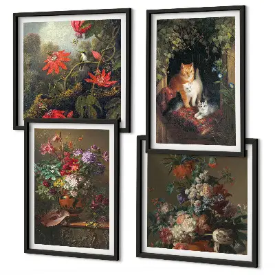 Billedsæt med ramme vintage design med blomster, katte og planter