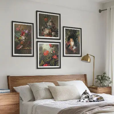 Billedsæt med ramme vintage design med blomster, katte og planter