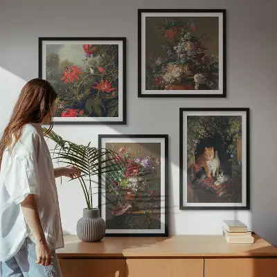 Billedsæt med ramme vintage design med blomster, katte og planter