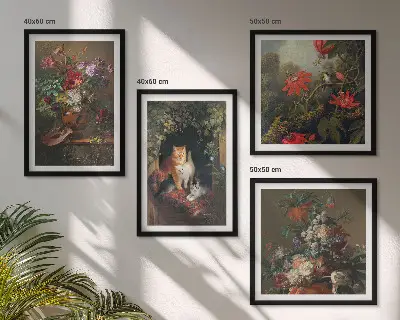 Billedsæt med ramme vintage design med blomster, katte og planter