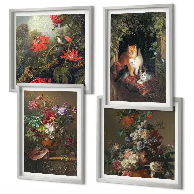 Billedsæt med ramme vintage design med blomster, katte og planter