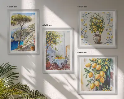 Citrontræer ved havet billedvæg til over sofaen