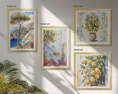 Citrontræer ved havet billedvæg til over sofaen