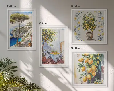 Citrontræer ved havet billedvæg til over sofaen