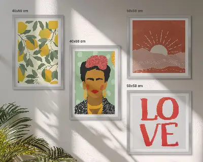 Billedsæt med ramme med motiv af citroner, kærlighedsindskrift og Frida-landskab