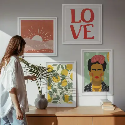 Billedsæt med ramme med motiv af citroner, kærlighedsindskrift og Frida-landskab
