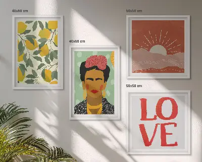 Billedsæt med ramme med motiv af citroner, kærlighedsindskrift og Frida-landskab