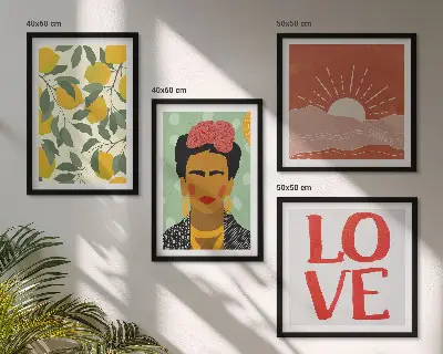 Billedsæt med ramme med motiv af citroner, kærlighedsindskrift og Frida-landskab
