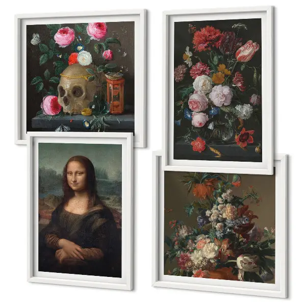 Billedvæg over sofa med vintage blomster kranium Mona Lisa motiv