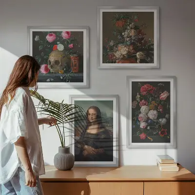 Billedvæg over sofa med vintage blomster kranium Mona Lisa motiv