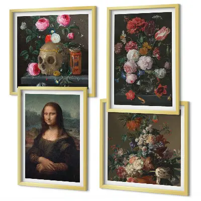 Billedvæg over sofa med vintage blomster kranium Mona Lisa motiv