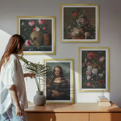 Billedvæg over sofa med vintage blomster kranium Mona Lisa motiv