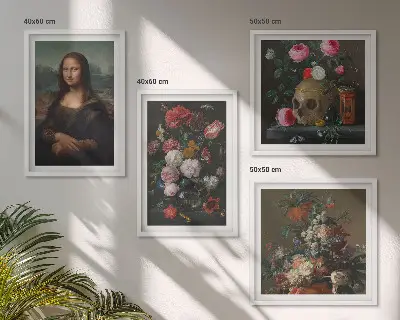 Billedvæg over sofa med vintage blomster kranium Mona Lisa motiv