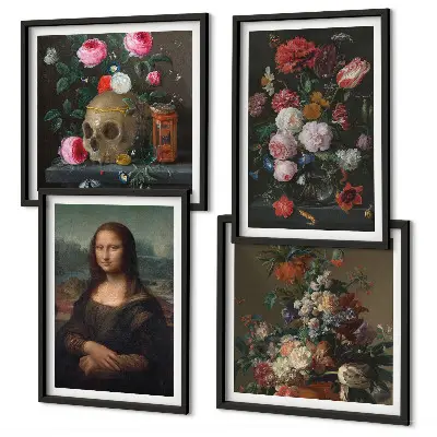 Billedvæg over sofa med vintage blomster kranium Mona Lisa motiv