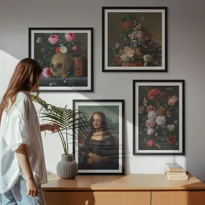 Billedvæg over sofa med vintage blomster kranium Mona Lisa motiv