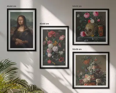 Billedvæg over sofa med vintage blomster kranium Mona Lisa motiv
