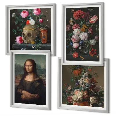 Billedvæg over sofa med vintage blomster kranium Mona Lisa motiv