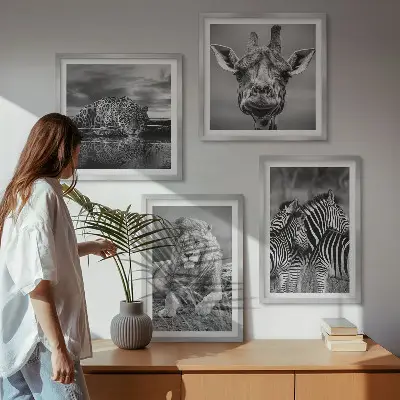 Billedvæg over sofa med motiver af løve, jaguar, giraf og zebraer