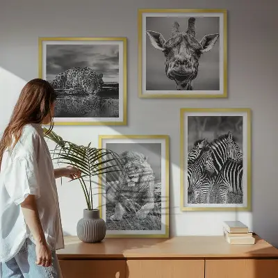 Billedvæg over sofa med motiver af løve, jaguar, giraf og zebraer