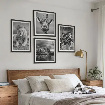 Billedvæg over sofa med motiver af løve, jaguar, giraf og zebraer