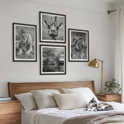 Billedvæg over sofa Vilde dyr Løve Jaguar Giraf Zebraer