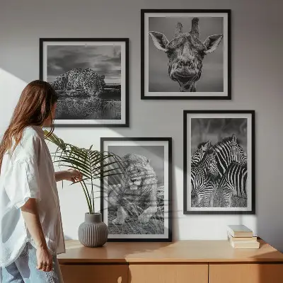 Billedvæg over sofa med motiver af løve, jaguar, giraf og zebraer
