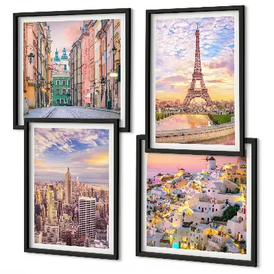 Billedvæg over sofa New York, Paris, Oia og Warszawa i tusmørke