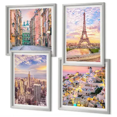 Billedvæg over sofa New York, Paris, Oia og Warszawa i tusmørke