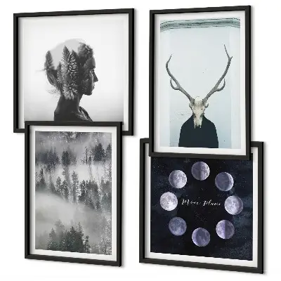 Billedvæg over sofa med motiv af skov, tåge, måne, kranium og kvinde