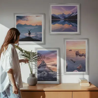 Billedvæg med landskaber, bjerge og søer til ophæng over sofaen med Jelen-motiv