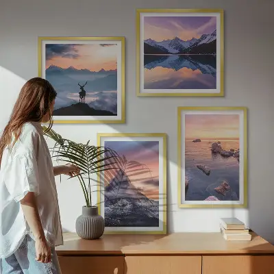 Billedvæg med landskaber, bjerge og søer til ophæng over sofaen med Jelen-motiv