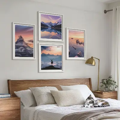 Billedvæg med landskaber, bjerge og søer til ophæng over sofaen med Jelen-motiv