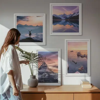 Billedvæg med landskaber, bjerge og søer til ophæng over sofaen med Jelen-motiv