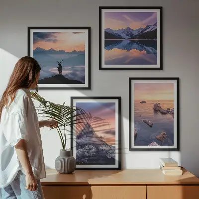 Billedvæg med landskaber, bjerge og søer til ophæng over sofaen med Jelen-motiv